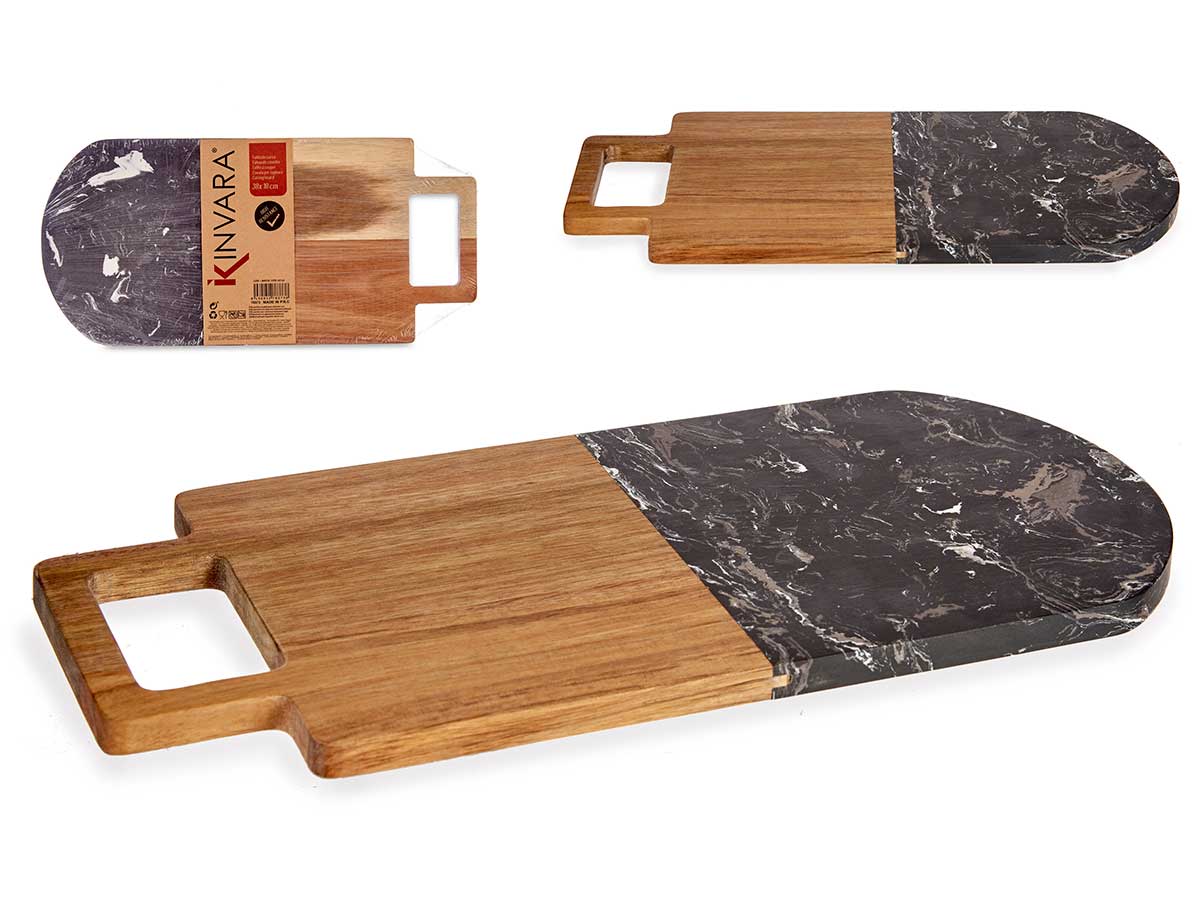 Tabla cortar madera y marmol negro con asa