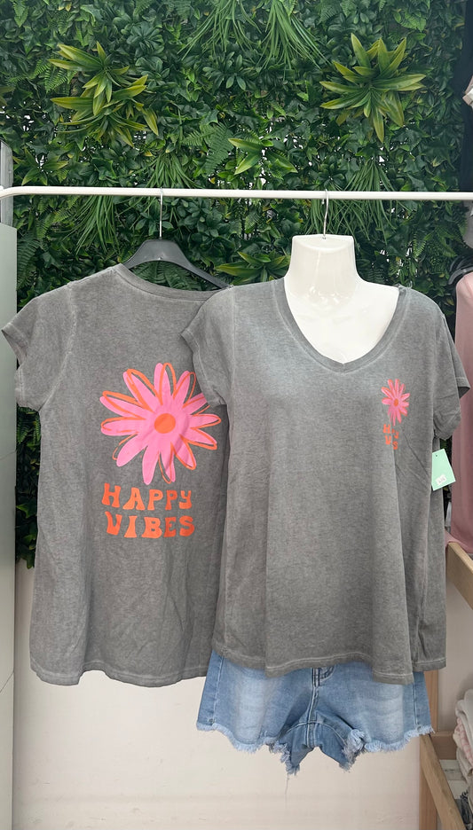 Camiseta cuello de pico Happy Vibes