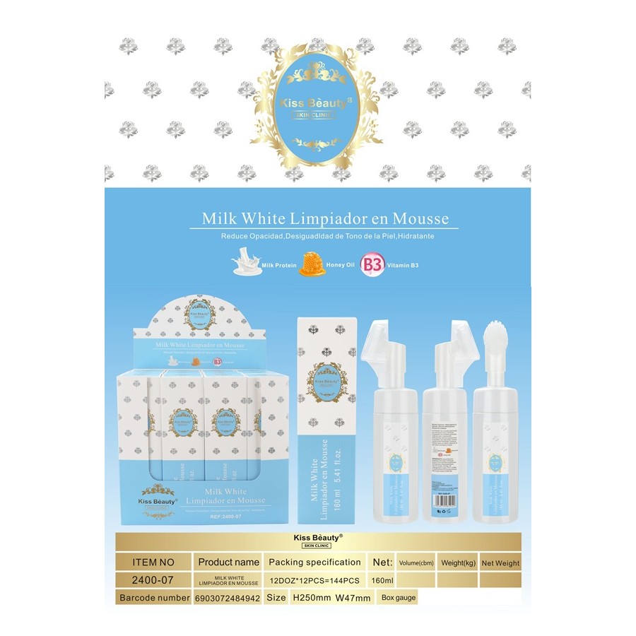 Mousse limpiador facial Milk White 160ml Kiss Beauty